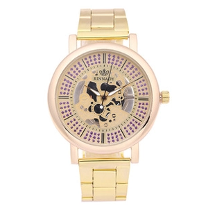 Detail view of the rose gold镂空 dial with purple accents and Roman numeral markers