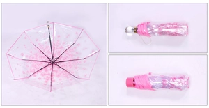 Detail view showing folding cherry blossom umbrella with pink floral pattern and steel ribs