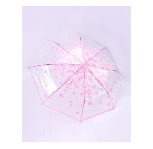 Top view of transparent folding umbrella with pink cherry blossom print and pink trim