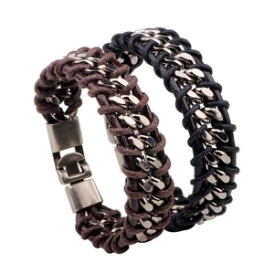 Retro genuine leather braided bracelet with metallic chain detail in black and brown