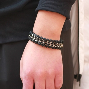 Men Retro Woven Leather Bracelet With Alloy Metal Chain Punk Vintage Wristband For Male Daily Wear