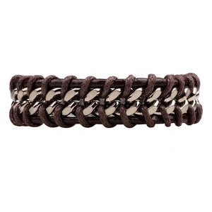 Vintage brown braided leather bracelet for men featuring a silver metal chain inlay