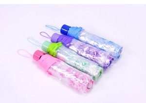 Detailed view of four colorful folded cherry blossom umbrellas in clear packaging pouches