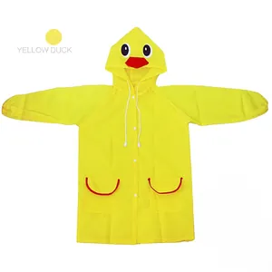 Yellow duck children raincoat with cartoon hood and waterproof pockets on white background