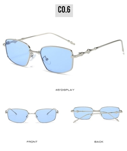 Detailed views of silver square sunglasses with blue lenses and textured metal temples