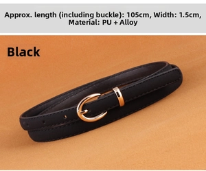 Detail of 1.5cm slim black PU leather belt with gold oval buckle and size information