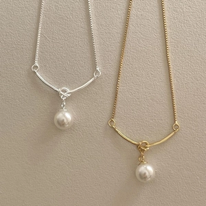 Artificial Pearl Pendant Necklace With 925 Sterling Silver Knot Curved Bar Box Chain Minimalist Elegant Jewelry For Women