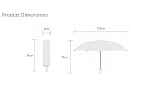Detailed dimensions of white foldable automatic umbrella with storage sleeve measurements