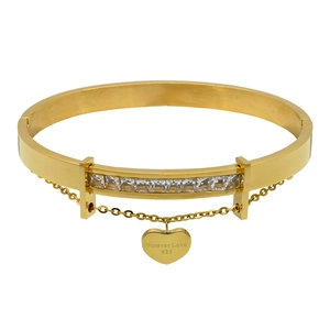 Stainless Steel Bangle Bracelet Heart Pendant Pave Square Zircon Hinge Closure Forever Love Jewelry For Women