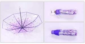Detail of a transparent folding umbrella featuring purple cherry blossom patterns and handle