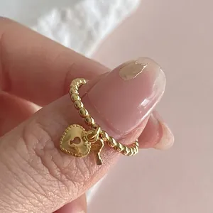 Minimalist 925 sterling silver heart lock and key open ring in elegant gold finish
