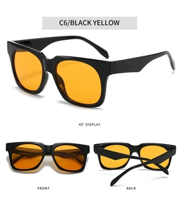 Detailed multi-angle views of square black frame sunglasses with vibrant yellow lenses