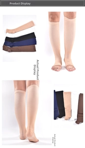 Detail showing five color options of open-toe compression socks in a high-elastic nylon fabric