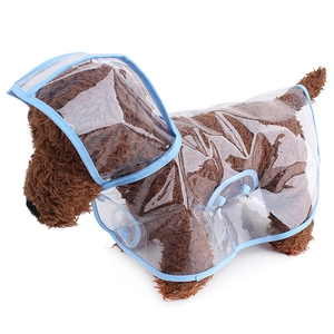 Transparent PVC pet raincoat with light blue piping for small dogs shown on a brown model