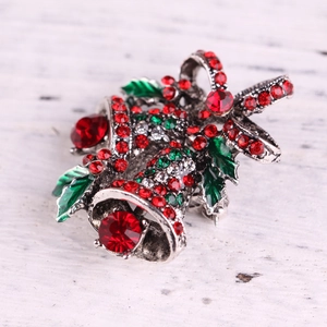 Christmas alloy double bell brooch with red rhinestones and green enamel leaf accents