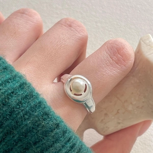 925 Sterling Silver Artificial Pearl Ring Adjustable Open Minimalist Elegant French Retro Style Jewelry For Women