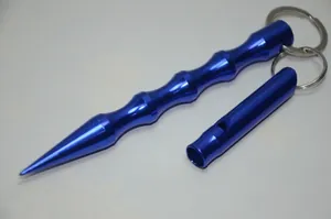 Blue aluminum survival whistle and kubotan keychain with polished metallic finish