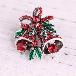 Christmas alloy bell brooch with red and white rhinestones and green leaf design