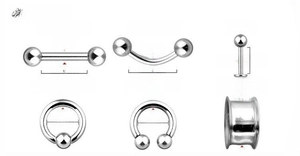 Size guide for body piercing jewelry including gauge and length for barbells and rings