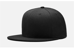 Top view of a black flat brim baseball cap showing six-panel stitching and air vents