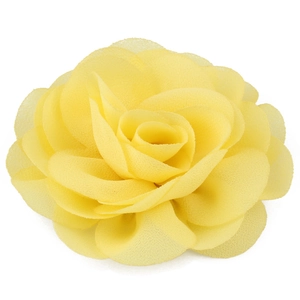Detailed view of yellow chiffon flower hair clip with layered 3D rose petals