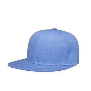 Solid light blue flat brim snapback baseball cap in twill fabric from a front view