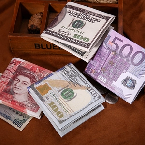 Macro shot of long wallets featuring realistic prints of USD, EUR, and GBP banknotes