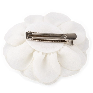 White chiffon camellia flower hair clip for girls with a silver metal duckbill base