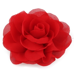 Red chiffon rose flower hair clip for kids featuring layered fabric petals on white background