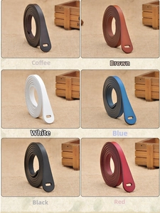 Detailed display of slim leather belts in six colors including coffee, brown, and black