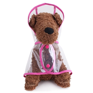 Transparent hooded pet raincoat with pink piping for small and medium dogs on white background