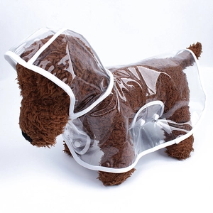 Waterproof transparent pet raincoat with white trim and snap closure for small dogs