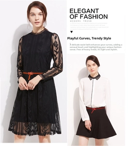 Slim red fashion belt styled with a black lace dress and a white shirt with black skirt