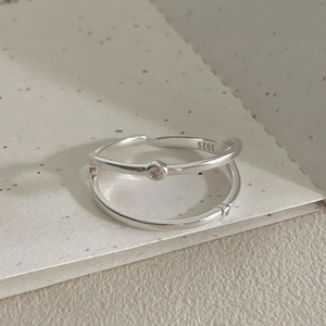 Minimalist S925 sterling silver double layer open ring with cubic zirconia stones