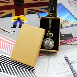 Retro bronze pocket watch with Eiffel Tower carving and kraft paper jewelry gift box