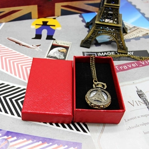 Vintage Eiffel Tower pocket watch necklace set in a red diamond pattern gift box
