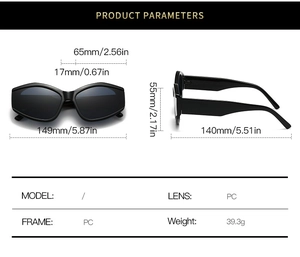 Detailed product dimensions and specifications for black polygonal frame sunglasses