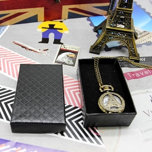 Vintage bronze Eiffel Tower pocket watch with chain in a black textured gift box