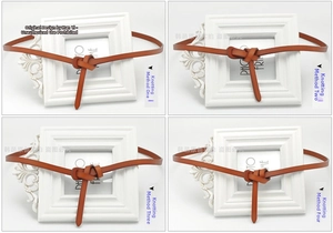 Detail guide showing four different knotting methods for a brown slim leather waist belt