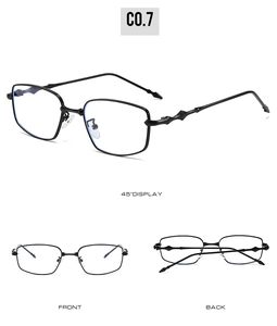 Detailed views of black rectangle metal sunglasses with C0.7 model marking on white background
