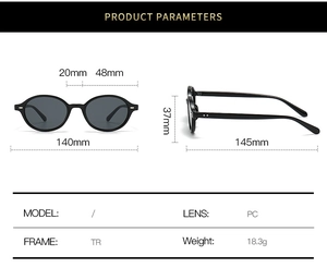 Detailed dimensions of oval Y2K sunglasses with PC lenses and lightweight TR frame