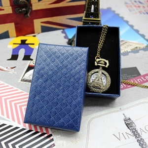 Vintage bronze pocket watch with Eiffel Tower design and diamond pattern blue gift box