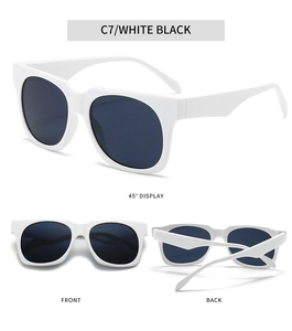 Three-angle view of white square frame sunglasses with dark lenses in high detail