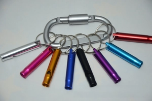 Aluminum emergency whistle set with colorful anodized finish and D-shaped metal carabiner