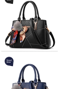 Detail of black and blue handbags with geometric quilting and decorative silk scarves