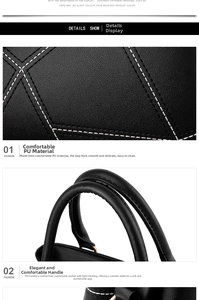 Detail view of black PU leather texture with white stitching and reinforced top handle