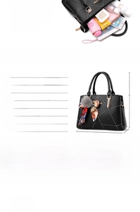 Detailed size chart and internal capacity layout of black PU leather handbag with 31cm length