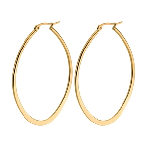 Fashionable large oval gold hoop earrings with a minimalist polished geometric design