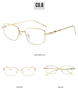 Three-view detail of gold rectangular glasses frame with geometric embossed temple design