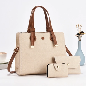 Minimalist beige woven tote bag 3-piece set with brown leather straps for women